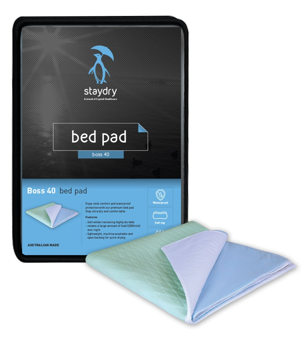 Boss 40 All in One Bed Pad With Wings Double 90x142m 2500ml Aqua Staydry STAYBP40WWDB
