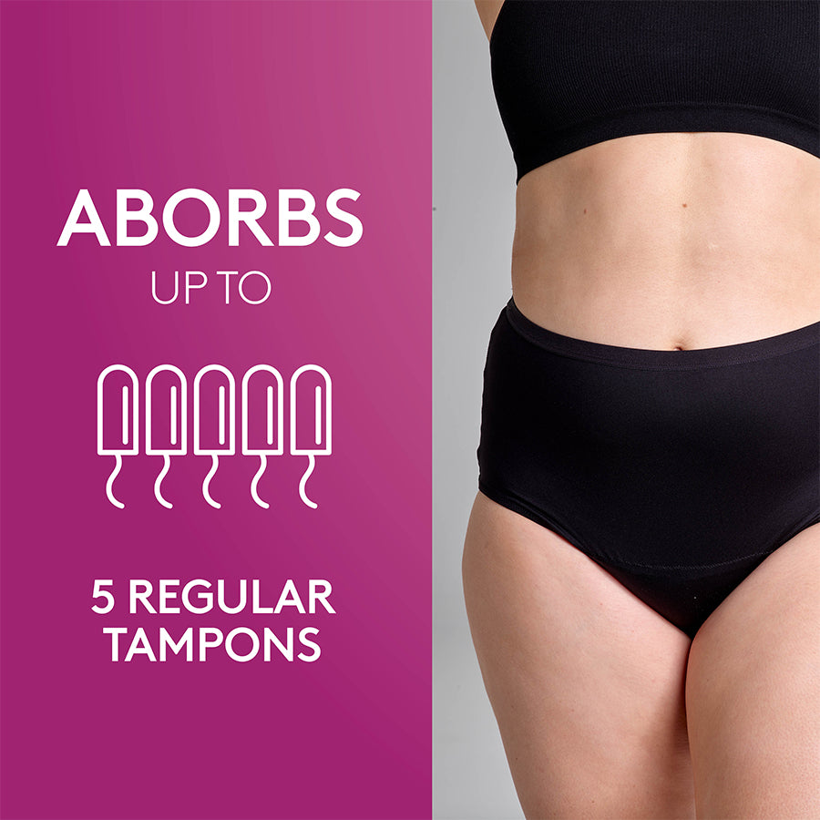 Poise Washable Underwear Female 2in1 Pee & Period Briefs Female 14-16 Waist 81-86cm 60ml Black 91952