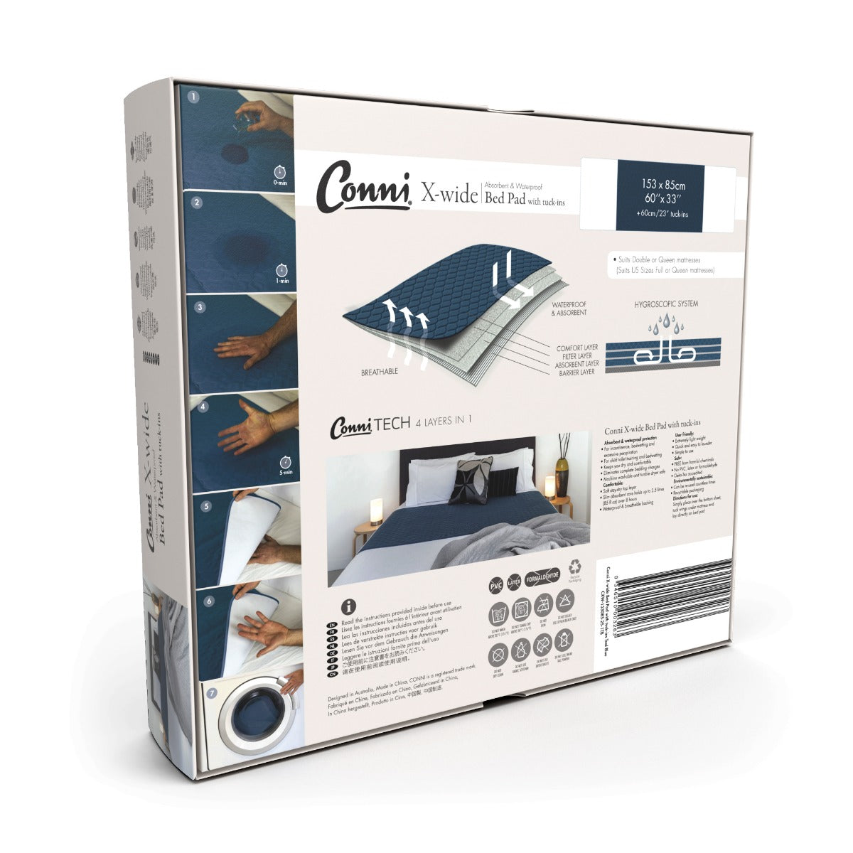 Conni X-wide Reusable 153x85cm Charcoal Bed Pad with Tuck-ins 2500ml