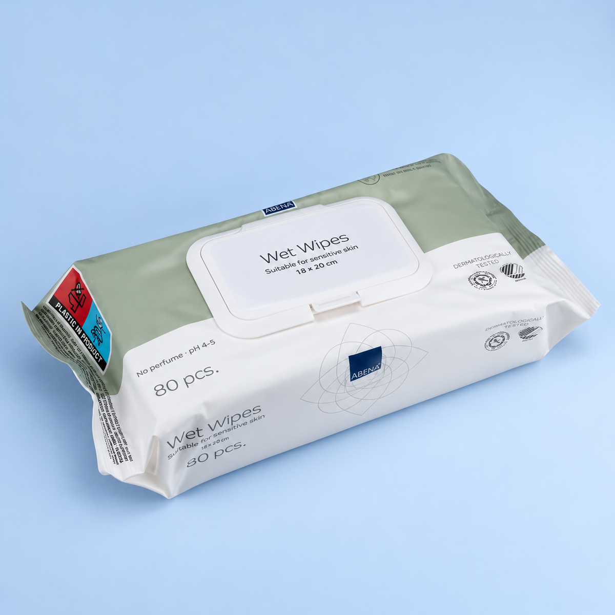 Abena Wet Wipes 80-pack, 18 x 20 cm, angled pack view