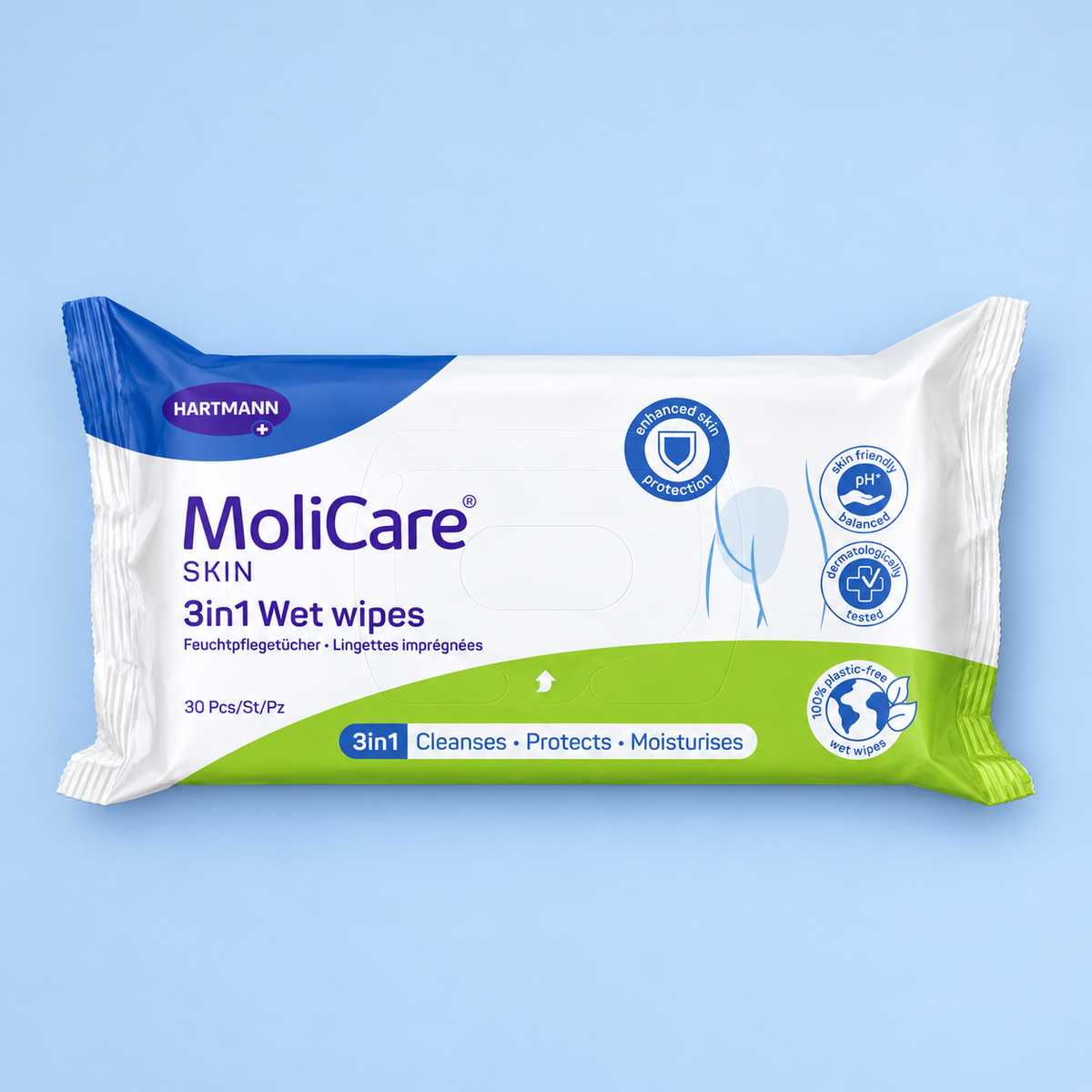 MoliCare Skin 3-in-1 wet wipes, 30-pack, front view