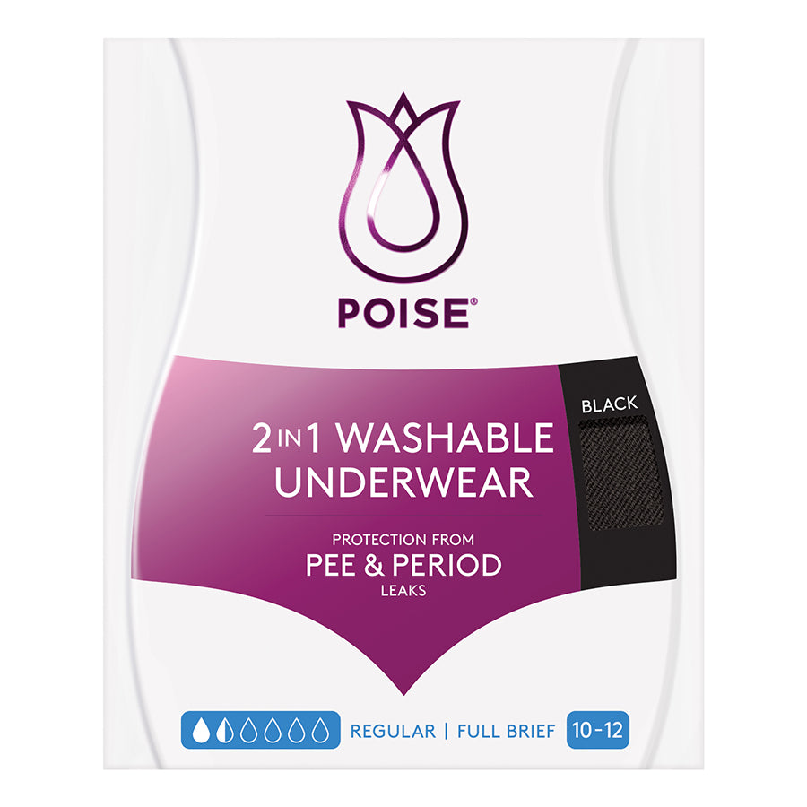 Poise Washable Underwear 2in1 Pee & Period Briefs Female 16-18 Waist 86-91cm 60ml Black 91953