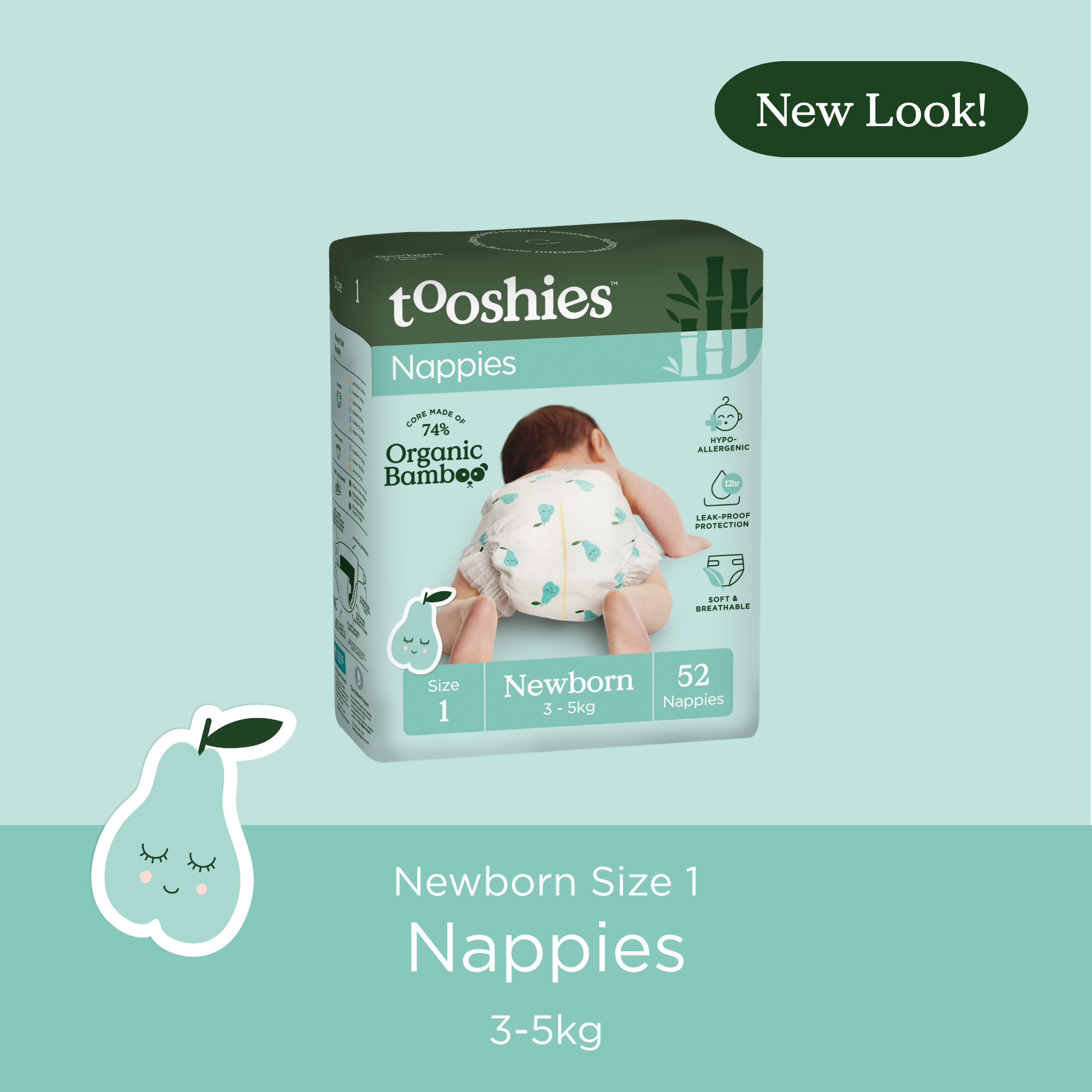 Official Tooshies Organic Bamboo Nappies, Size 1 Newborn 3–5 kg, 52 pack
