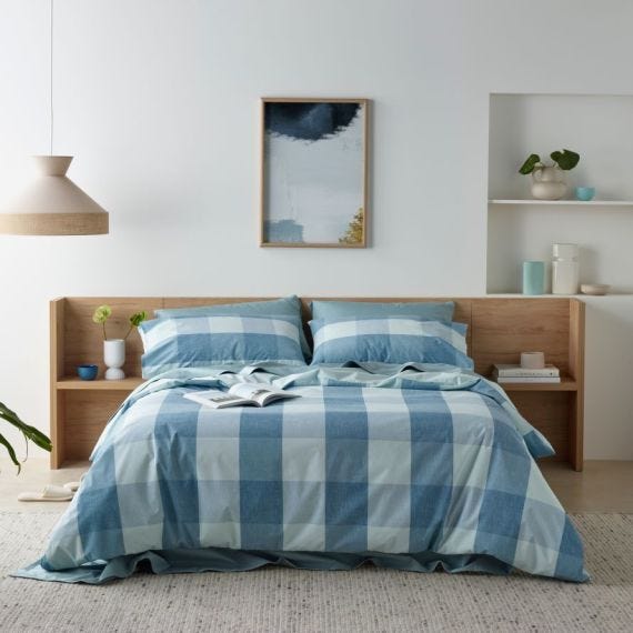 Staydry Waterproof Quilt Cover Set Blue Check Queen  STAYWPQCBLQB