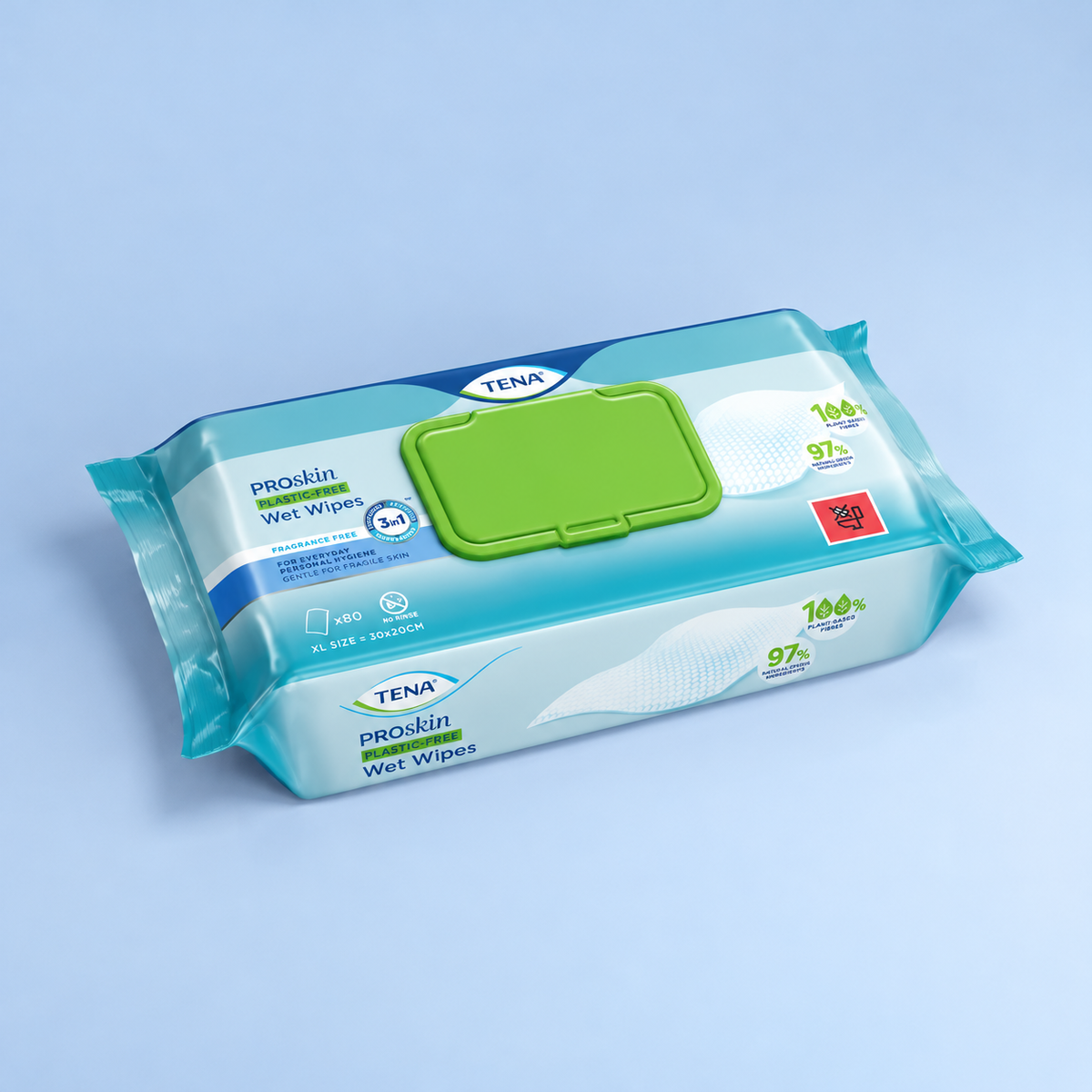 TENA ProSkin plastic-free wet wipes, 80-pack, angled view